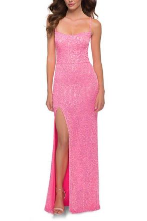 La Femme Neon Sequin Prom Dress with Square Neckline in Neon Pink at Nordstrom, Size 10