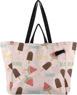 Generic Watermelon Ice Cream Pink print Reusable Canvas Tote Bag, Heavy Duty Grocery Shopping Bag with Hard Bottom Large Capacity Double Handles Work Grocerie