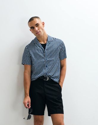 B&eacute;lier Camicia blu con stampa illusione e colletto con rever-Multi