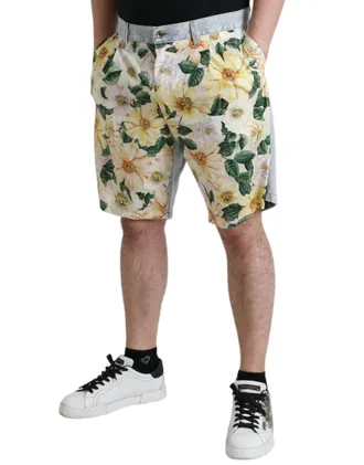 Dolce & Gabbana Mens Multicolor Floral Print Denim Bermuda Shorts Cotton