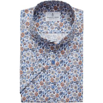 Emanuel Berg Modern Fit Floral Short Sleeve Stretch Poplin Sport Shirt in Blue at Nordstrom Rack, Size Medium/large