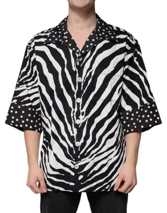 Dolce & Gabbana Mens Black White Zebra Button Down Oversize Shirt And Cotton Nylon Elastane