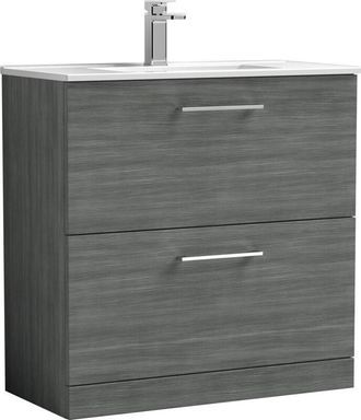 Balterley Balterley Modern Bathroom 2 Soft Close Drawer Floor Standing Vanity Unit & Basin, Anthracite Woodgrain, 600mm