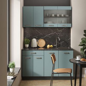 Vicco Cucina monoblocco R-Line, Blu-grigio/antracite, 140 cm senza piano di lavoro