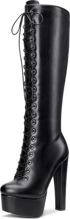 Castamere Womens Mid-Calf Boots Lace-Up Zipper Platform Block Heels 6IN High Heels Black Matte Shoes UK 10