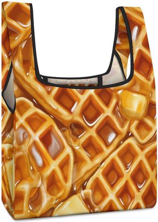 Generic Waffles with Butter And Syrup Reusable Shopping Bags Lightweight Foldable Grocery Bag Polyester Washable Tote Bag