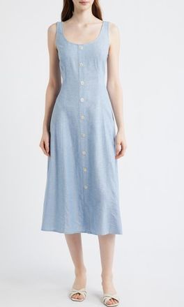 Anne Klein Button Detail Linen Blend Tank Dress in Lagoon/Crsp Wht at Nordstrom, Size X-Large P