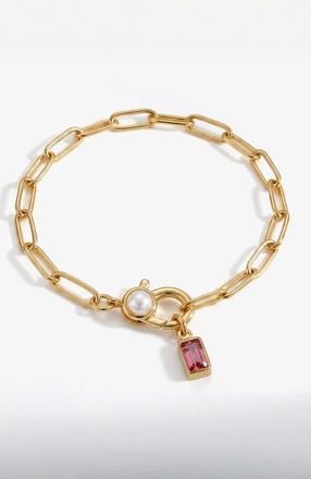 Mint & Lily Paperclip Bracelet with Pearl Accent with Dainty Baguette Birthstone Charm in October Pink Tourmaline at Nordstrom, Size 8