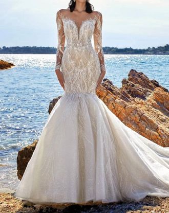 Demetrios Beaded Mermaid Bridal Gown In Ivory Sheer Nude Natural
