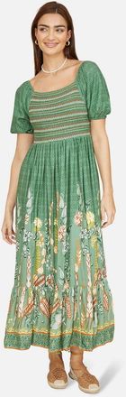 Yumi Ruched Leaf Print Maxi Dress in Green at Nordstrom, Size 12