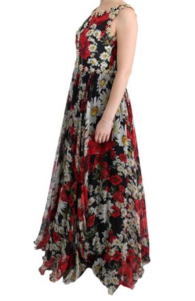 Dolce & Gabbana Womens Multicolor Silk Floral Crystal Long Maxi Dress