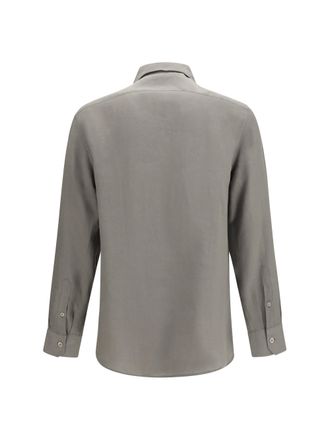 Brunello Cucinelli Mens Easy-Fit Linen Shirt With Chest Pockets Kaki