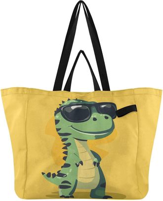 Generic Yellow Green Dinosaur print Reusable Canvas Tote Bag, Heavy Duty Grocery Shopping Bag with Hard Bottom Double Handles Large Capacity Work Groceries Tr