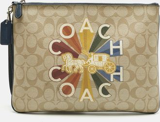Coach Beige/blue Signature Coated Canvas Large Radial Rainbow Wristlet Pouch