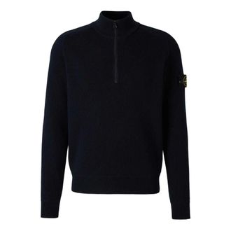Stone Island Half-Zip Ribgebreide Trui - Heren - Truien - Blauw - Maat: XL Katoen