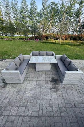 Fimous Lounge Rattan Garden Furniture Set Height Adjustable Rising Lifting Table Dining Set in Light Grey