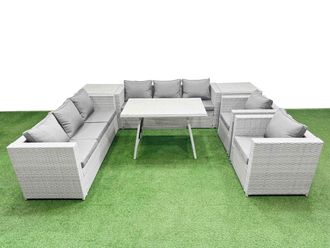Fimous 8 Seater Garden Furniture Set PE Ratten Garden Sofa Set 2 Side Tables in Light Grey