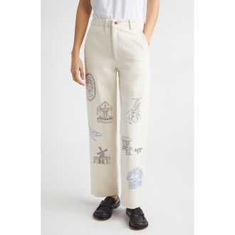 Kuro x Maison Kitsun&eacute; Hand Painted Postcard Straight Leg Jeans in Off White at Nordstrom, Size 26
