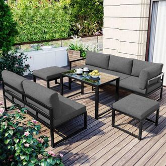 Direct Wicker Outdoor Garden Corner Sofa Set with Reclining Function in Dark Grey | Size: 6 Person
