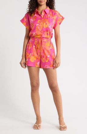 Sugarlips Elaris Floral Mavy Cotton Button-Up Romper in Fuchsia-Orange-Multi at Nordstrom, Size X-Small