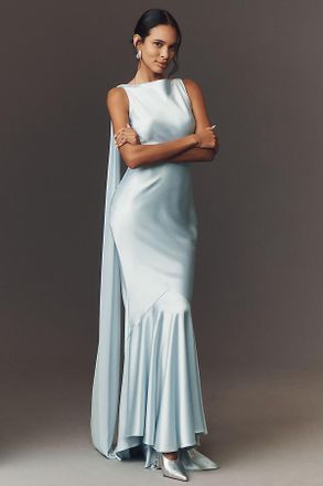 Retrof&ecirc;te Julia Boat-Neck Open-Back Cape Satin Maxi Dress
