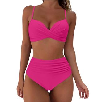 Generic Womens Swimwear High Waisted V Neck Solid/Printed Women Bikini Set Push Up Vintage Beachwear Twist Front Bikini Top Ruched Retro Swimmwear Bathing Sui