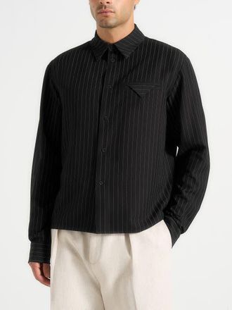 Mani&egrave;re De Voir Arlo Pinstripe Cropped Long Sleeve Shirt in Black at Nordstrom, Size X-Large