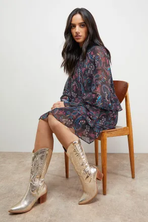 Oasis Womens Toulouse Faux Suede Western Cowboy Boots - Gold Denim - Size UK 7