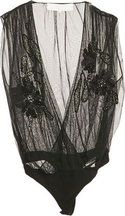 Elisabetta Franchi Body verfraaid met bloemen - Zwart