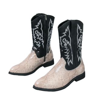 Generic Mens Low Block Heel Western Cowboy Boots Round Toe Mid-Calf Boots with Embroidery Stitched PU Leather Casual Boot with Side Zipper,White,7.5 UK