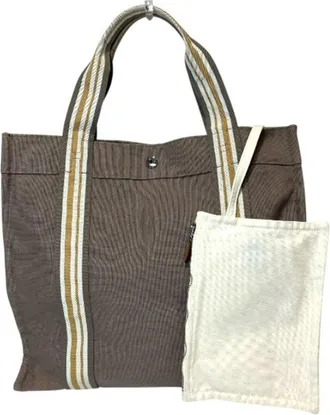 Herm&egrave;s Etain Gray Brown Canvas Handbag Tote Bag (Pre-Owned)