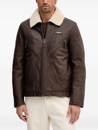 Aeronautica zip-up textured-collar leather jacket - Marrone
