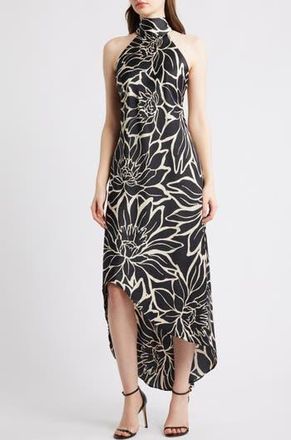 CeCe by Cynthia Steffe Floral Mock Neck Stretch Satin Dress in Rich Black at Nordstrom Rack, Size 4