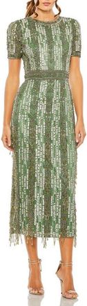 Mac Duggal High Neck Short Sleeve Crystal Fringe Column Dress in Sage at Nordstrom, Size 16