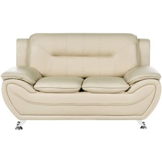 Beliani 2 Seater Sofa Beige Vegan Eco Leather Loveseat Arms Silver Metal Legs Easy Clean Modern Glam Style Living Room LEIRA
