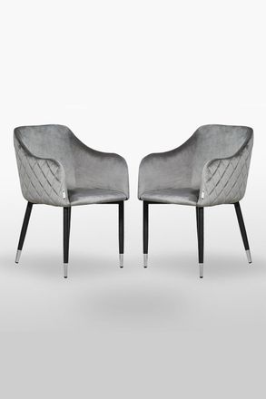 Life Interiors Set of 2 Verona Velvet Dining Chairs with Quilted Back & Black Legs - Modern Accent Chair with Silver Foot Caps in Grey