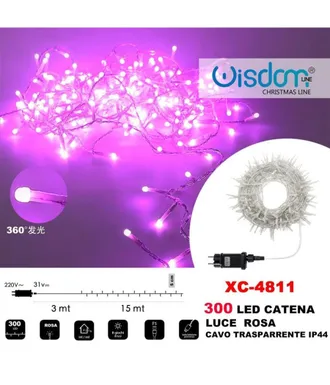 Trade Shop Trade Shop - Cadena De Luz 300 Led Luci&eacute;rnagas Luz Rosa Cable Transparente Ip44 Xc-4811