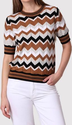Minnie Rose Cotton Cashmere Chevron Pointelle Crew Tee In Cognac