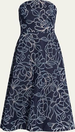Teri Jon Strapless Floral Burnout Denim Midi Dress