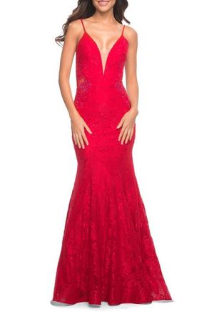 La Femme Long Mermaid Lace Dress with Back Rhinestone Detail in Red at Nordstrom, Size 14