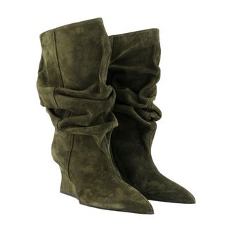 Balmain Womens Suede Wedge Ankle Boot Khaki Calfskin
