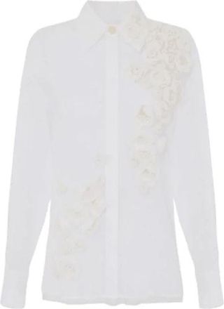 Elisabetta Franchi Geborduurde katoenen voile blouse met rozen - Dames - Overhemden - Wit - S - Katoen - Overhemden