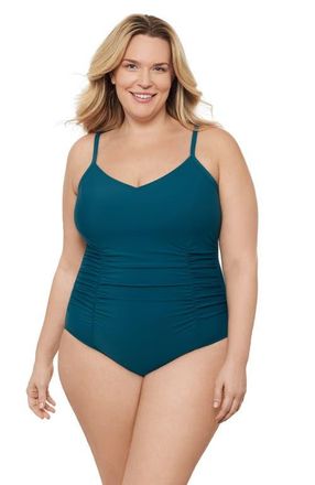 Aqua Green Plus Size Princess Seam V-Neck Side Shirred Adjustable One-Piece Swimsuit in Lagoon at Nordstrom, Size 1X