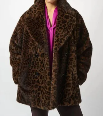 Joseph Ribkoff Leopard Print Faux Fur Long Sleeve Coat In Brown/black