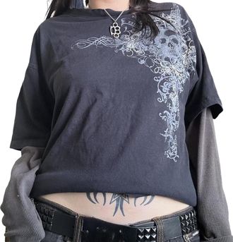 Generic Harajuku Graphic Y2K Long Sleeve Top Punk Gothic Crew Neck Tee Shirt for Women Aesthetic Fall Tee Streetwear (01 Dark Grey, S)