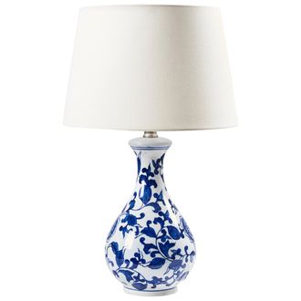 Beliani L&aacute;mpara De Mesa Elegante Con Base De Porcelana Con Estampado Floral Pantalla De Lino Tambor Iluminaci&oacute;n Blanco Y Azul Carmen