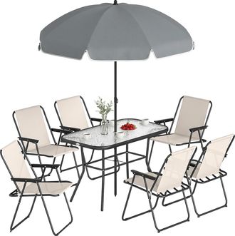 OEM Conjunto De Mesa Y Sillas Jard&iacute;n De 8 Piezas Con Sombrilla 6 Sillas Plegables Mesa De Vidrio Templado Crema