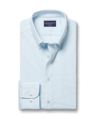 CHARLES TYRWHITT Non-Iron Oxford Stretch Cotton Shirt - Sky Blue Size Large by Charles Tyrwhitt