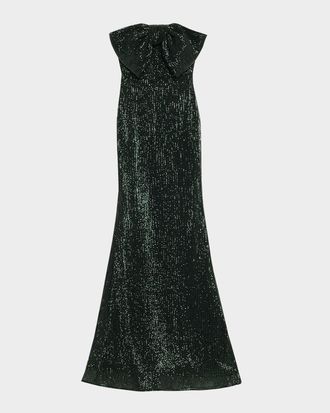 Badgley Mischka Strapless Bow-Front Sequin Gown