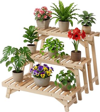 Relaxdays Relaxdays Soporte Para Plantas, Juego De 3 Piezas, Altura 19,5/33/49 Cm, Madera De Abeto, Natural, Interior Y Exterior